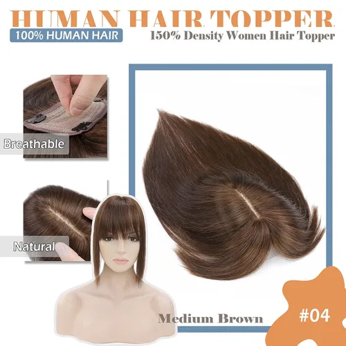 Miniatura 2 de Hairro Toppers de cabello humano para mujer, clip en Remy Topper postizo con flequillo, clip en tupé con flequillo Wispy Flequillo, pérdida