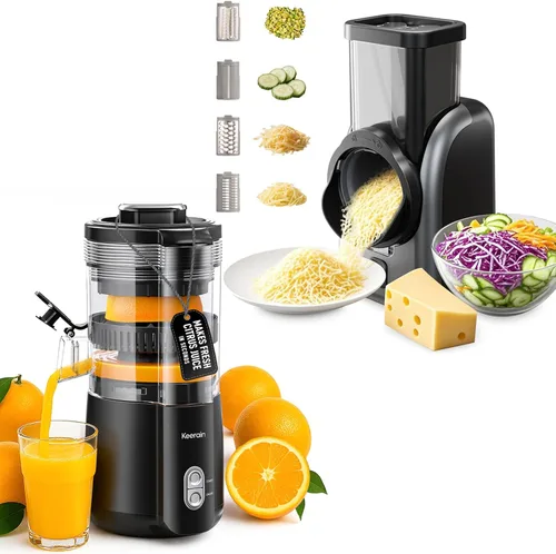 Paquete de exprimidor eléctrico de cítricos con cortador de verduras, exprimidor automático de naranjas con cepillo de limpieza y rallador de queso