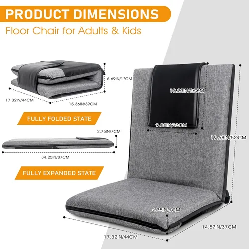 Miniatura 2 de Silla de Piso con Soporte para la Espalda, Silla de Piso Ajustable de 14 Posiciones, Asiento Portátil en el Suelo para Adultos y Niños, Asiento