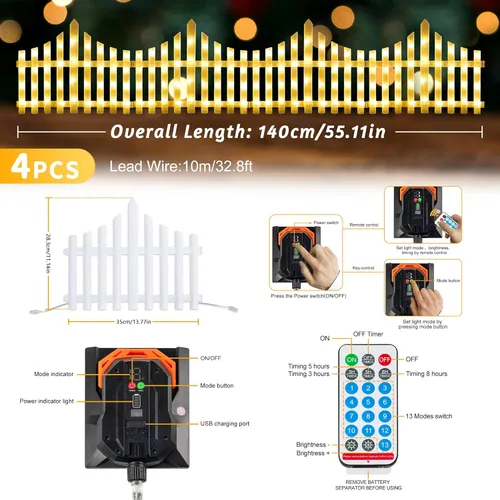 Miniatura 3 de Hopolon Paquete de 4 luces solares de jardín al aire libre, 11.1 pulgadas de alto x 4.6 pies de largo, 144 luces LED blancas para valla de estacas