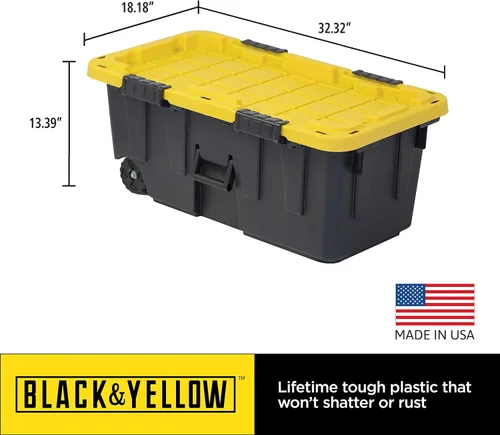 Miniatura 6 de Caja resistente negro y amarillo, 20 galones con ruedas, interior/exterior, resistente (paquete de 2)