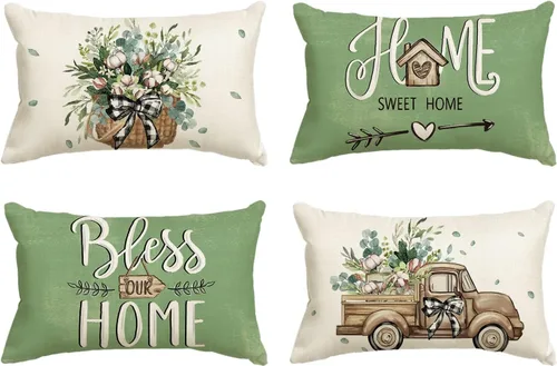 Miniatura 16 de AVOIN colorlife - Fundas de cojín estilo granja con mensaje Bless Our Home, diseño de hojas de eucalipto y camión azul Home Sweet Home, 16 x 16
