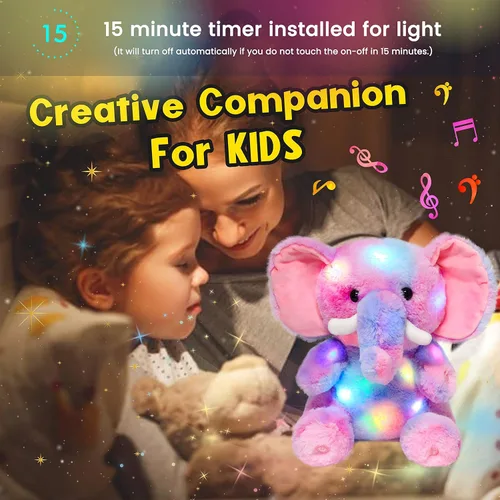 Miniatura 6 de Hopearl Elefante de peluche con luces LED y música colorido, con volumen ajustable, canciones de cuna, animado, da calma, para festival, cumpleaños