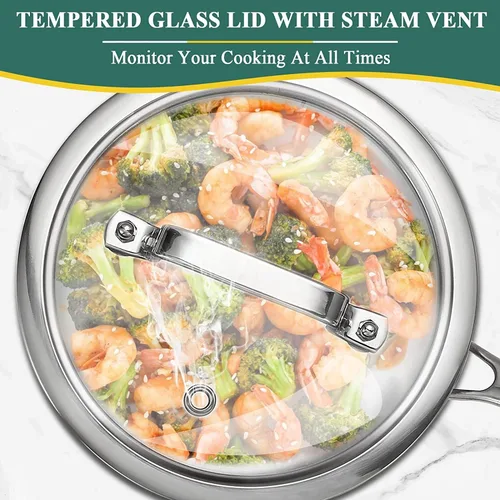 Miniatura 5 de DELARLO Cacerola de Acero Inoxidable Tri-Capa para Todo el Cuerpo de 3 Cuartos con Tapa, Apta para Horno 600℉, Sartén Saucier Resistente de 3
