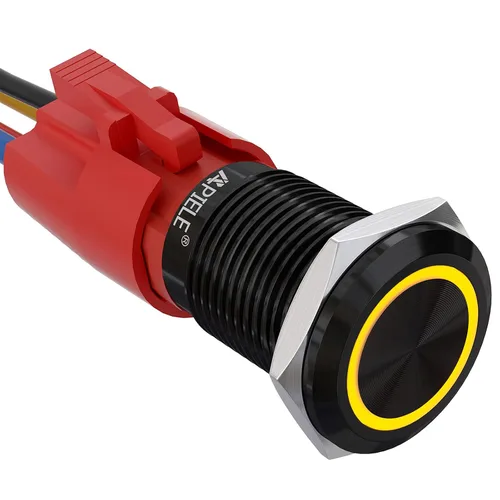 Miniatura 8 de APIELE - Interruptor de botón de cierre de 16mm, 12V, ojo de ángel LED, impermeable, redondo, autobloqueante, 1NO (aluminio negro, azul)