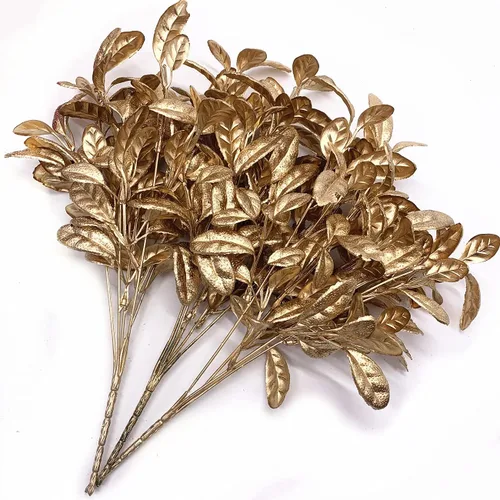 Miniatura 4 de CATTREE Plantas artificiales para decoración de Navidad, hierba de plástico dorado, hojas falsas, arbustos de simulación para interiores y Hojas