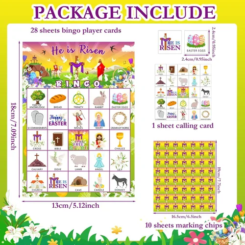 Miniatura 2 de Shappy Juego de 39 tarjetas de bingo de Pascua para niños y adultos, 28 jugadores, He is Risen, juego de fiesta, tarjetas de bingo bíblicas