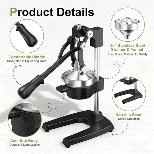 Miniatura 8 de Exprimidor manual de hierro fundido, exprimidor de mano comercial con taza de acero inoxidable, exprimidor manual de alta resistencia, prensa