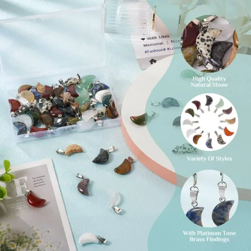 Miniatura 7 de FASHEWELRY 48 colgantes de piedra en forma de luna, 12 estilos mezclados de piedras preciosas naturales, dijes de cristal curativo para hacer joyas