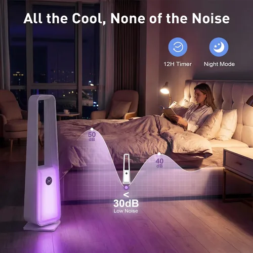Miniatura 5 de Ventilador de torre sin aspas de 36 pulgadas para dormitorio, potente ventilador de pie de 25 pies con control remoto, 4 colores LED, 12