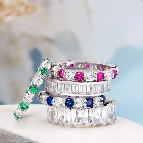 Miniatura 6 de AAA Cubic Zirconia Joya Multi Color Simulado Gemas Canales Set Rectángulo Corte Esmeralda Baguette CZ Anillo de Eternidad Anillo de Aniversario