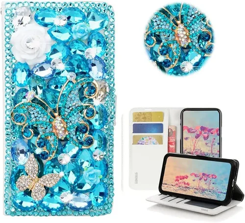 Miniatura 9 de Bling Wallet - Funda de cuero compatible con LG V40 ThinQ - Elegante funda de cuero con diseño de flores de mariposa 3D hecha a mano con cordón
