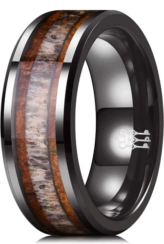 Miniatura 6 de THREE KEYS JEWELRY 6,8mm Black/White Ceramic Wedding Ring with Real Koa Wood Inlay Flat Top Wedding Band Engagement Ring Comfort Fit Size 4-16