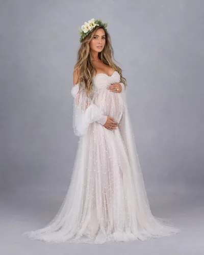 Miniatura 2 de Vestido de maternidad para sesión de fotos, hombros descubiertos, bata de tul larga para baby shower, vestido de embarazo nupcial