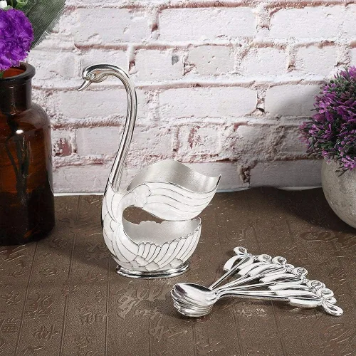 Miniatura 7 de Juego de cucharas de postre de café de metal con soporte, cisne para cucharas, base de cubiertos de frutas, organizador de 6 piezas de helado
