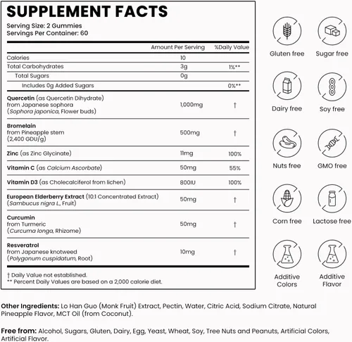 Miniatura 6 de Gomitas de quercetina 8 en 1 con bromelina de 1000 mg, suplemento de quercetina orgánica de alta potencia con zinc y vitamina C, saúco, bienestar