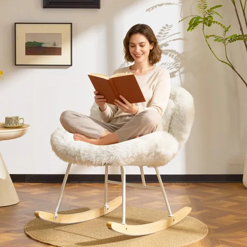 Miniatura 13 de VINGLI Silla mecedora de guardería extra ancha de 25.6" de 115° sin brazos, silla deslizante curvada linda con patas en X con almohada y madera