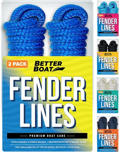 Líneas de guardabarros para barcos, cuerda de nailon trenzada doble de 3/8 de pulgada, 6 pies con asa, paquete de 2, azul real, para boya, amarre de