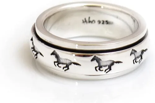 Anillo giratorio de caballo, plata de ley 925, joyería de animales hecha a mano, banda familiar de caballos, anillo de meditación antiestrés, regalo