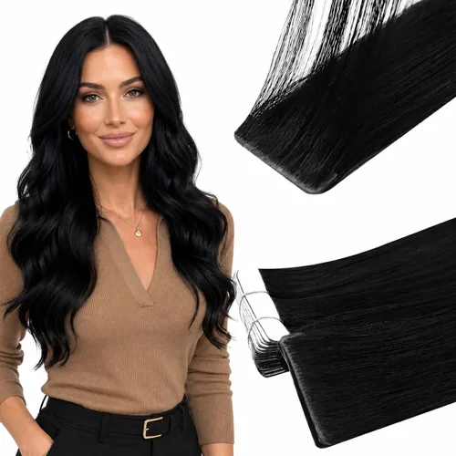 Full Shine Invisi Edge - Extensiones de cabello con cinta adhesiva invisible de 36 cm, color 1 negro, máquina Remy, extensiones de cabello humano