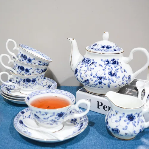 Miniatura 2 de Juego de té de porcelana de hueso, juego de té de porcelana de 21 piezas para adultos, tazas de té y platillos para 6, con tetera, cucharas, Azul