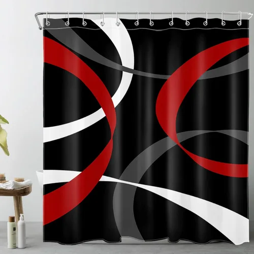 Miniatura 24 de LB Cortina de ducha abstracta rosa para baño, cortina de ducha de tela a rayas grises y blancas sobre fondo negro con ganchos, juego de cortinas