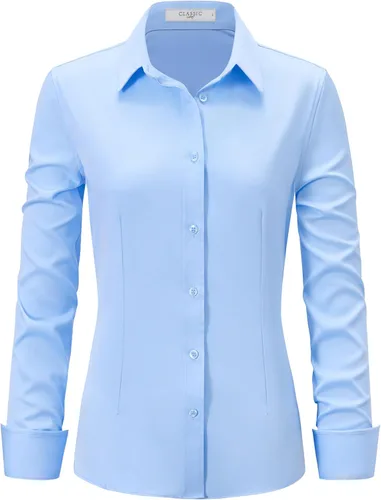 Miniatura 10 de Camisas de vestir para mujer, de manga larga, con botones, elástica, sin arrugas, color liso, casual, para el trabajo, oficina, blusa