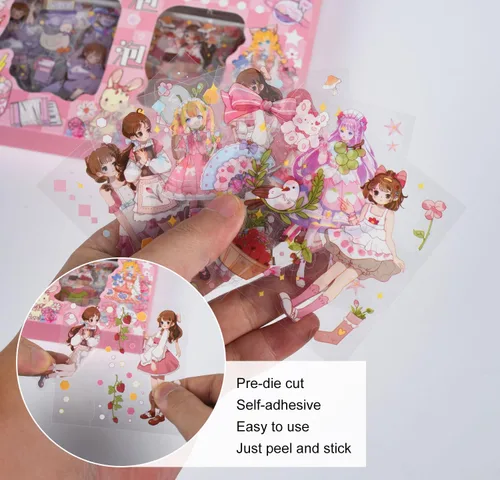 Miniatura 4 de 100 hojas de kit de calcomanías de chicas kawaii para diario - Lindas calcomanías de dibujos animados transparentes PET para álbumes de recortes