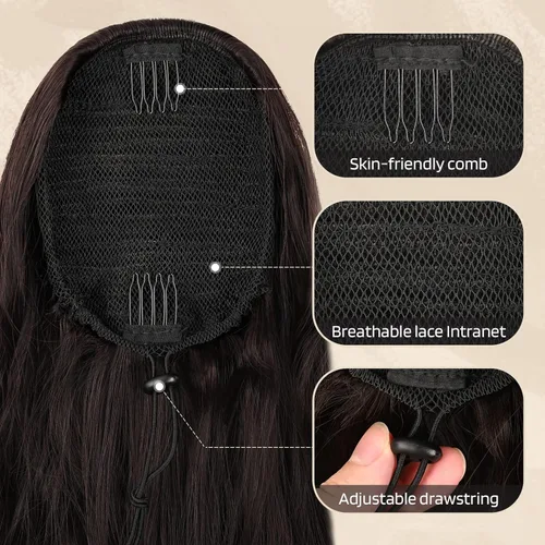 Miniatura 3 de Flufymooz Extensión de cola de caballo, Extensiones de cabello con cordón de 26 pulgadas para mujeres, cola de caballo larga rizada y ondulada