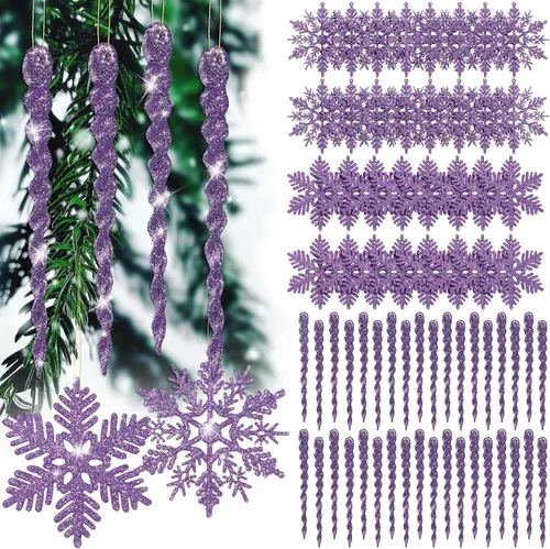 Miniatura 8 de Deekin 72 piezas adornos de carámbano de copo de nieve para árbol de Navidad, carámbanos torcidos de copo de nieve con purpurina, decoraciones