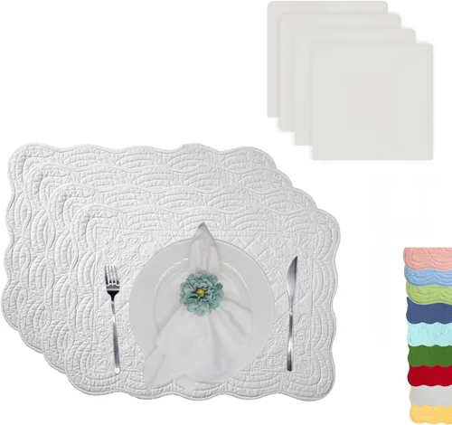 Miniatura 20 de Juego de 4 manteles individuales acolchados de algodón con servilletas a juego, manteles de mesa y servilletas de tela 100% algodón, juego de 8