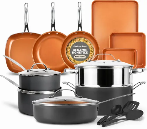 GOTHAM STEEL - Juego de 20 piezas de utensilios de cocina de cerámica, juego de ollas y sartenes de cobre antiadherentes con accesorios para