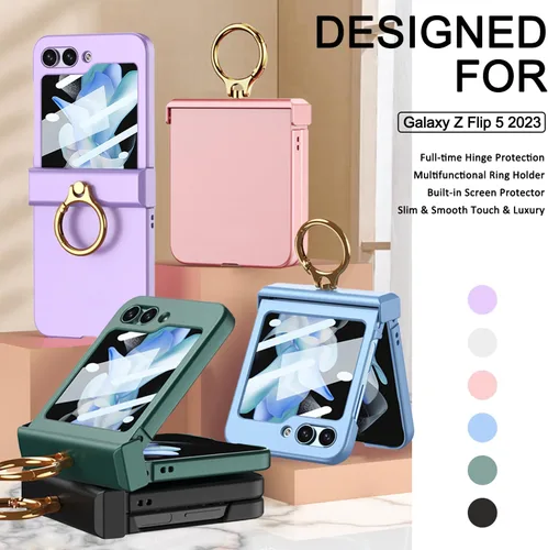 Miniatura 2 de Miimall Funda para Galaxy Z Flip 5 con soporte de anillo, protector de pantalla de protección de bisagra mejorado, anillo multifuncional ultrafino