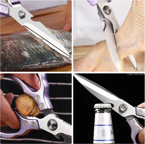 Miniatura 4 de AWinjoy Tijeras de cocina afiladas resistentes, aptas para lavavajillas, tijeras de cocina para carne, pollo, pescado, aves, hierbas, pan (morado)