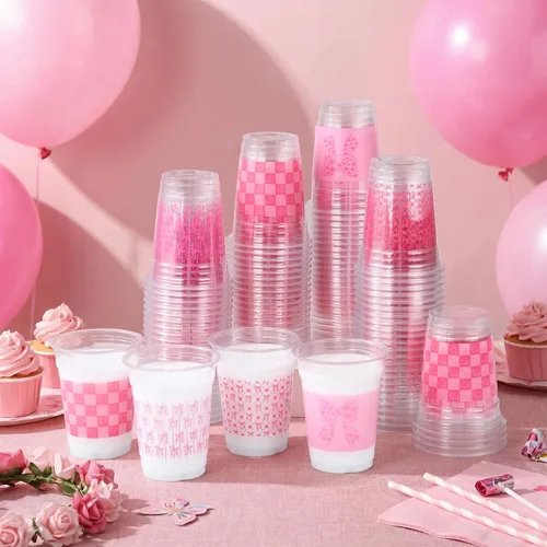 Miniatura 3 de Qinyoung 100 vasos de plástico con lazo rosa de 12 onzas, vasos desechables de coqueta, lazo rosa y corazón, vasos de plástico transparente