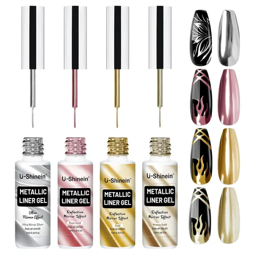 Juego de esmaltes de gel de pintura de espejo metálico de 4 x 0.4 fl oz, esmalte de uñas de gel pintado con efecto cromado espejo, gel de dibujo de