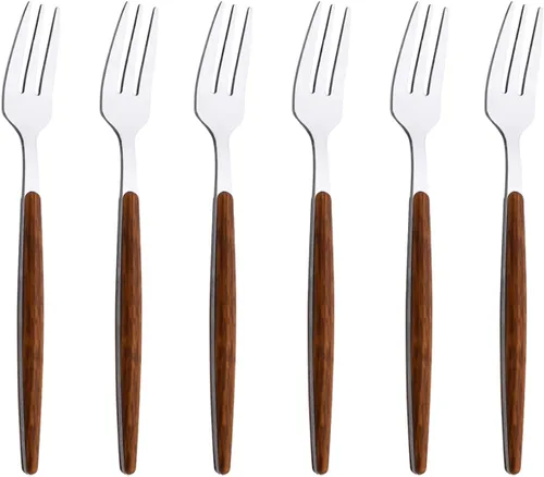 Miniatura 13 de Juego de cubiertos de acero inoxidable con mango de efecto de madera Cubiertos pulidos con espejo plateado, utensilios de cocina para el hogar