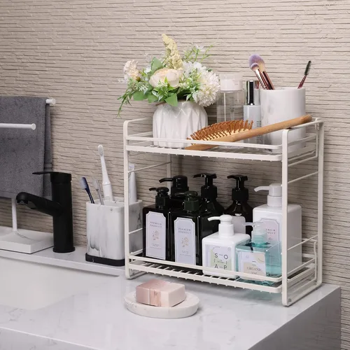 Miniatura 7 de zccz Organizador de baño de 2 niveles, ideal como organizador de encimera de cocina o baño, organizador de maquillaje con acabado negro para Negro