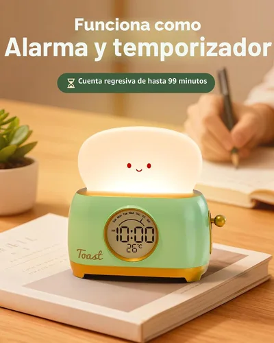 Miniatura 5 de Reloj Despertador para Niños, Lindo Reloj Despertador con Luz Nocturna de Tostada para Dormitorios, Reloj de Escritorio LED Pequeño Recargable
