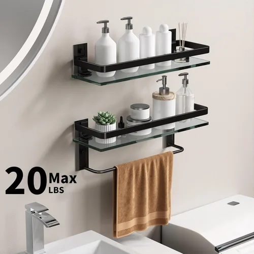 Miniatura 7 de Danpoo Estantes de baño montados en la pared, estante de vidrio templado transparente con toallero, soporte para toallas de mano (negro mate)