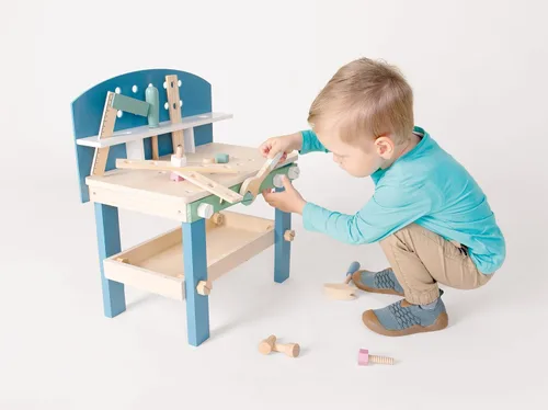 Miniatura 5 de Small Foot - Banco de trabajo compacto de madera - Juego de banco de herramientas en tema nórdico - Juego de más de 21 piezas incluye martillo