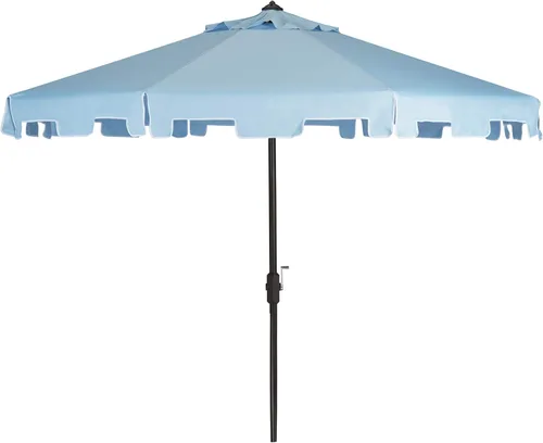 SAFAVIEH Zimmerman - Sombrilla de patio con manivela de 9 pies para exteriores, toldo azul y blanco bebé, poste de aluminio marrón, cenefa con