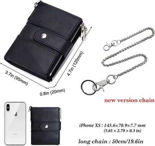 Miniatura 3 de boshiho Billeteras plegables de cuero real con bloqueo RFID para hombre, doble cremallera, bolsillo con cadena antirrobo