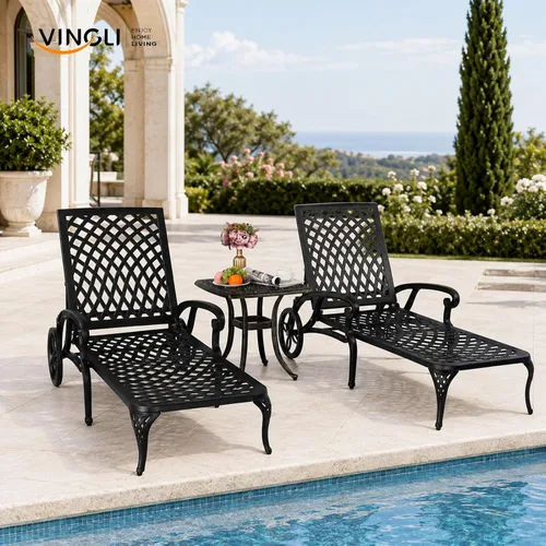 Miniatura 9 de VINGLI Tumbona de aluminio fundido para exteriores con ruedas, tumbona de patio con respaldo ajustable de 3 posiciones, silla reclinable
