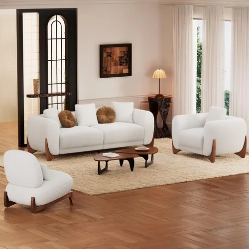 Morden Fort Juego de Sofá Nube de 3 Piezas, Juego de Sofá Moderno Sherpa Boucle Amigable con la Piel, Sofás Cómodos Tapizados Minimalistas para Sala