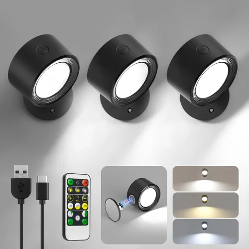Lightbiz Luces LED Montadas en Pared 3 Piezas con Control Remoto, Lámpara de Apliques de Pared Batería Recargable de 3000mAh Operada por Batería, 3