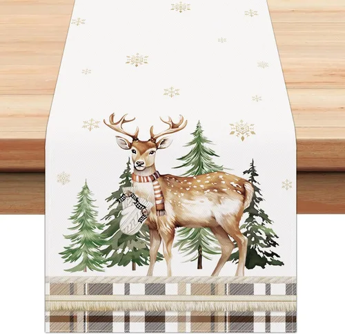 Miniatura 7 de Bonhause Camino de mesa de reno de Navidad de 13 x 72 pulgadas, trineo de Papá Noel, rojo, dorado, temporada de invierno, vacaciones, cocina