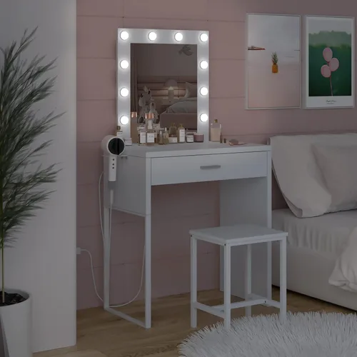 Miniatura 7 de Titoni Pequeño tocador de maquillaje con espejo y luces, escritorio blanco con silla, brillo ajustable, juego de mesa de maquillaje para dormitorio