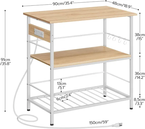 Miniatura 3 de HOOBRO Isla de cocina con almacenamiento, mesa de isla de cocina con toma de corriente, estación de café de 3 niveles y soporte para microondas