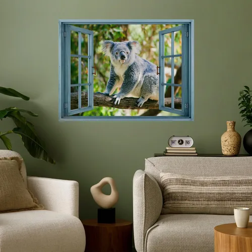 wall26 Adhesivo de pared removible/mural de pared, vista de ventana, koala gris australiano en bosque, árboles, animales, naturaleza, fotografía,